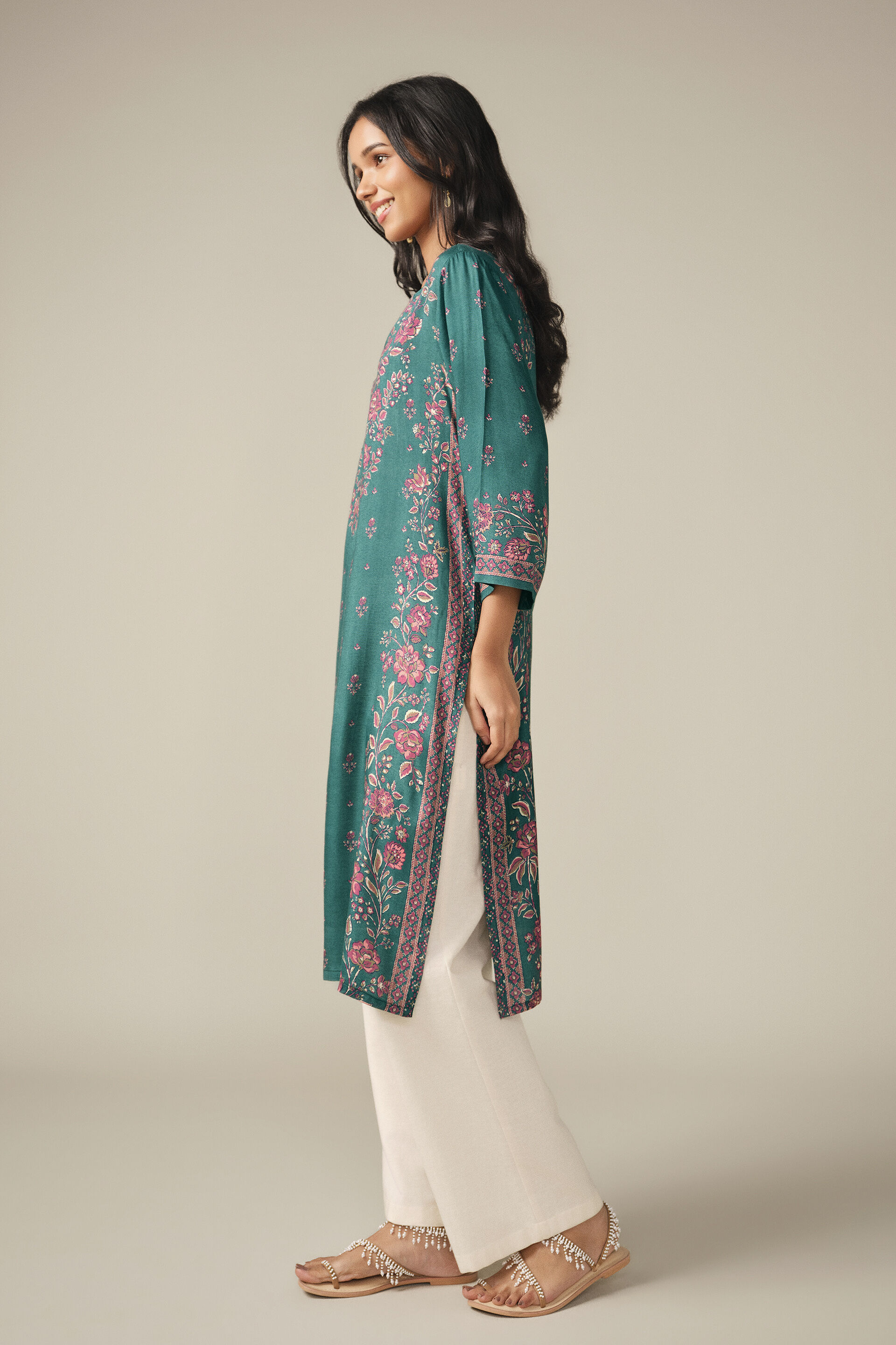 Floral Print Kurta in Green, Green, image 5
